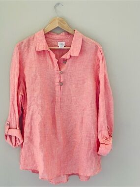 Sigrid Olsen Linen Tunic Women's XL Collared Popover Top Button Roll Tab Peach
